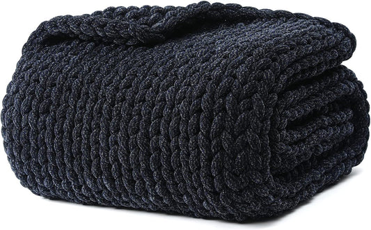 YnM Chenille Weighted Blanket, Handmade Chunky Knitted Design, Soft and Cozy, Temperature Regulating and Breathable, Machine Washable Throw for Sleep or Home Decor (Black Blue, 50x60 Inch, 10lbs)