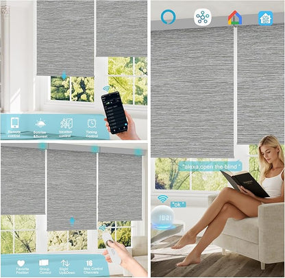 Motorized Blinds with Remote, Smart Blind Roller Shades Compatible with Alexa, Durable Rechargeable Battery Solar Power Electric Window Blinds Motorized Shades Customized Size (Luxury-Grey)