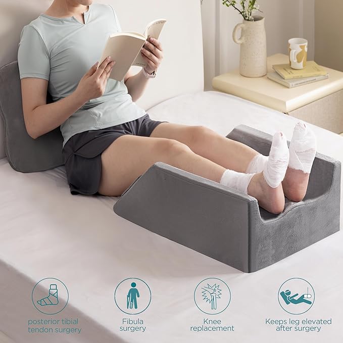 UBBCARE Leg Elevation Pillow for Leg/Knee Surgery Recovery, Memory Foam Double Leg Pillow with Velvet Washable Cover, Grey