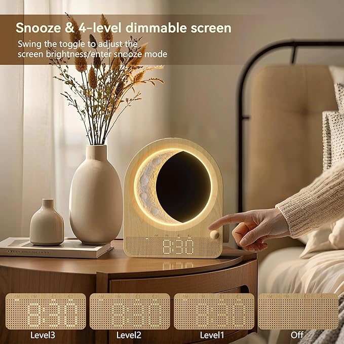 Sunrise Alarm Clocks for Bedrooms, Stepless Dimmable Moon Lamp Dual Alarm Clock with 12Levels Volume for Heavy Sleepers, 10 Natural Sounds with 30/60/90mins Timer, Gifts for Women