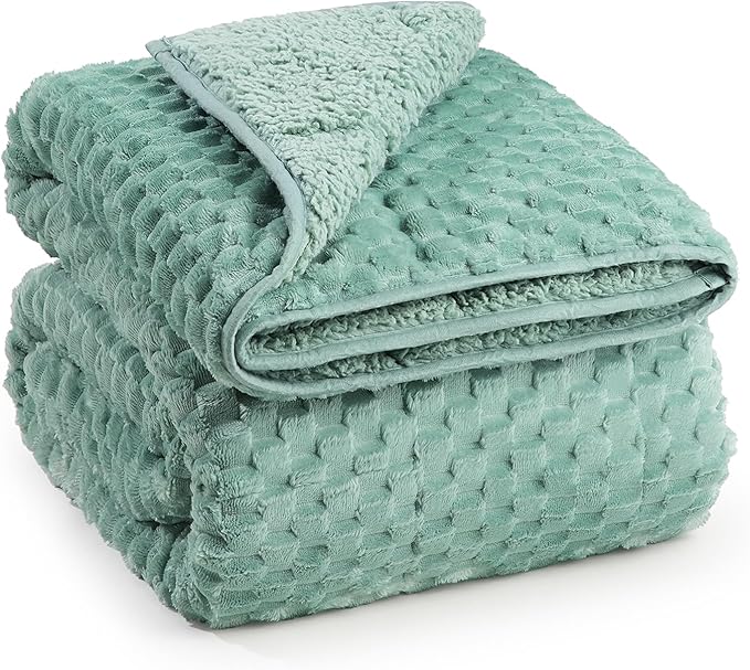 Super Soft Luxury Fleece Sherpa Weighted Blanket 15 lbs for Adults, Turtle Shell Fuzzy Cozy Warm Weighted Throw for Winter, Ceramic Beads Washable Heavy Blankets for Couch Bed, Sage Green, 48" x 72"