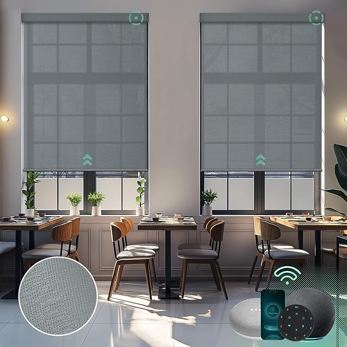 Yoolax Motorized Solar Shades Light Filtering Motorized Blinds with Remote Smart Blinds Work with Alexa Flame Retardant Roller Shades for Windows Home Office Custom Size (3% Openness Twilight Gray)