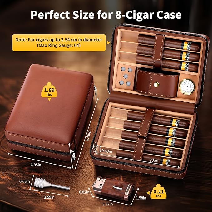 Travel Cigar Humidor Case, Cedar Wood Lined Leather Box w/ 3-in-1 Lighter-Built-in V Cutter/Holder, Humidifier, Hygrometer, Accessories Pocket, Portable 8 Cigars Storage, Gift for Men