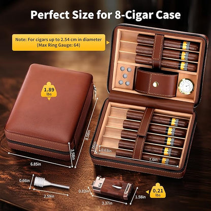 Travel Cigar Humidor Case, Cedar Wood Lined Leather Box w/ 3-in-1 Lighter-Built-in V Cutter/Holder, Humidifier, Hygrometer, Accessories Pocket, Portable 8 Cigars Storage, Gift for Men