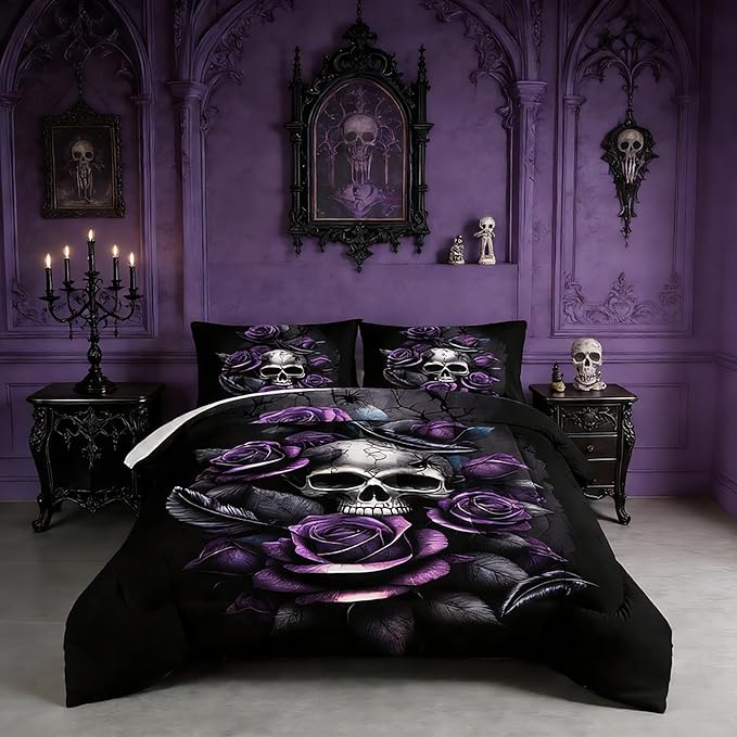 Death Skull Heads King Size Comforter Sets,Horror Themed Gothic Bedding for Kids Teens Boys Room Decor,Mysterious Floral Spider Western Comforter Sets with 2 Pillowcases.