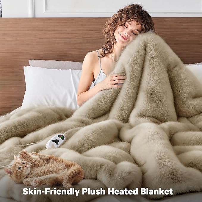 Heated Electric Blanket Twin, Octrot 60"X80" Faux Fur Heating Blanket Luxury Christmas Gifts Heavy Plush with 10 Heats Levels & 8 Hours Auto Off,Super Cozy Warm Fuzzy,Fluffy Decor Winter Warming,Beige