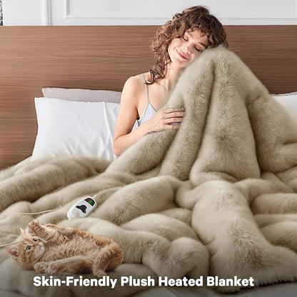 Heated Electric Blanket Twin, Octrot 60"X80" Faux Fur Heating Blanket Luxury Christmas Gifts Heavy Plush with 10 Heats Levels & 8 Hours Auto Off,Super Cozy Warm Fuzzy,Fluffy Decor Winter Warming,Beige