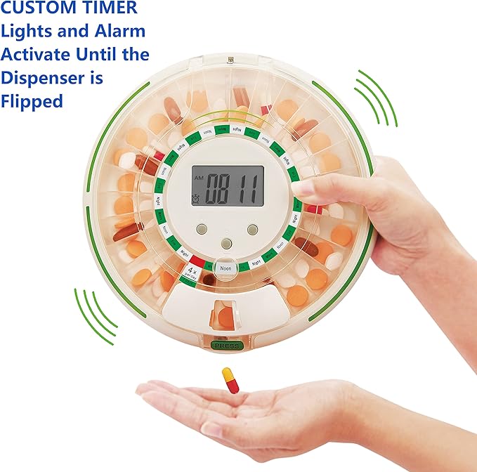Automatic Pill Dispenser with Flashing Light, Sound, Alarm and Safety Lock, 28-Day Electronic Medication Organizer – Dispense Vitamins and Tablets Up 6 Times/Day – Easy Read Display (Frosted)