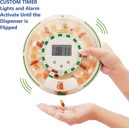 Automatic Pill Dispenser with Flashing Light, Sound, Alarm and Safety Lock, 28-Day Electronic Medication Organizer – Dispense Vitamins and Tablets Up 6 Times/Day – Easy Read Display (Frosted)