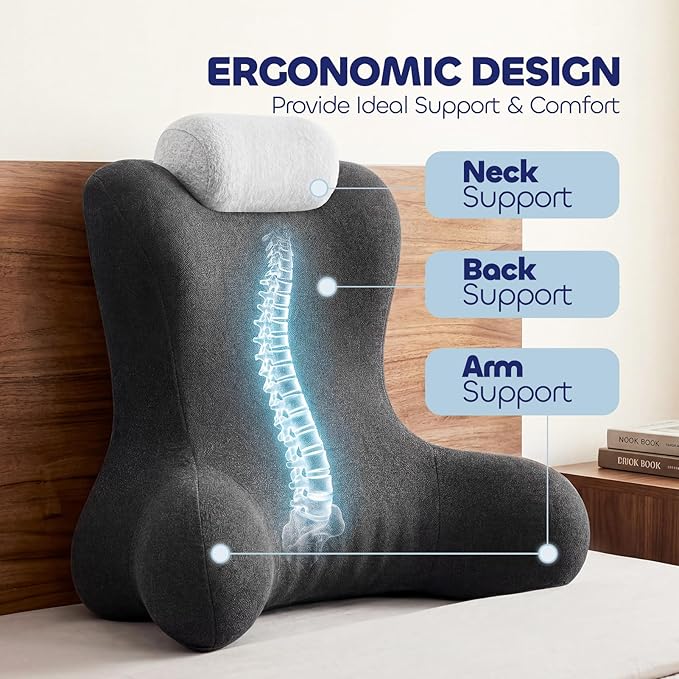 Reading Pillow for Floor & Bed Use - 22" Ergonomic Backrest with Built-in Neck Support and Contoured Arms, Memory Foam Sitting Pillow for Gaming, Reading, Nursing, Watching TV Pack