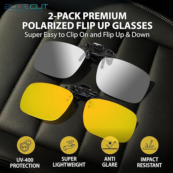 BLUE CUT Clip on Polarized Night vision Glasses Flip up Sunglasses UV-400 to Wear Over prescription Glasses for night driving