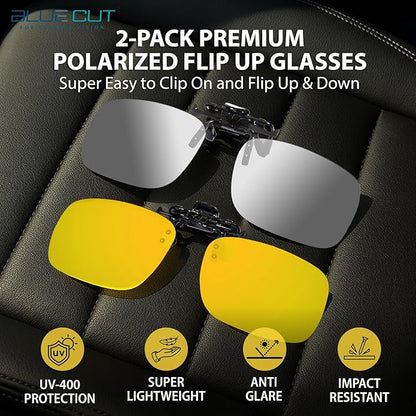BLUE CUT Clip on Polarized Night vision Glasses Flip up Sunglasses UV-400 to Wear Over prescription Glasses for night driving