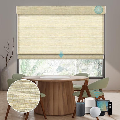 SmartWings Motorized Natural Woven Wood Shades Work with Matter Thread Homekit Z-Wave Alexa Google, 50%/70%/100% Blackout Electric Auto Roman Shades Cordless Remote Control Customized, Kenaf 253