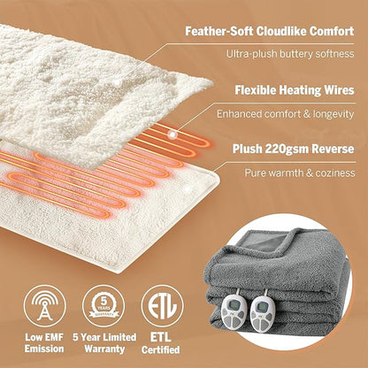 Serta Heated Electric Queen Blanket - Soft, Warm, Fuzzy for Office, Couch - 1-12 Hr Auto Shut Off, 10 Heat Settings, ETL Certified - 84" x 90" Grey