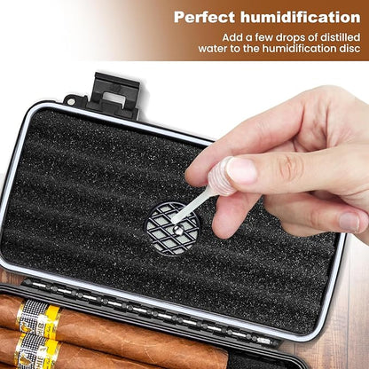 Flauno Travel Cigar Humidor Case - Portable Cigar Box kit with Humidifier Disc, Cigar Cutter, Cigar Punch, Cigar Holder & Dropper, Waterproof, Crushproof, Airtight (Holds up to 10 Cigars)