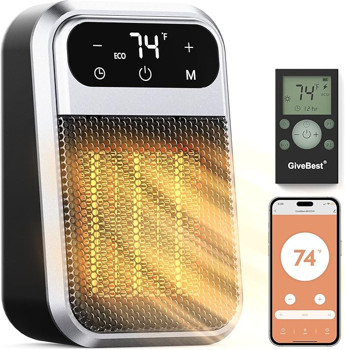 GiveBest WIFI 800W Wall Outlet Space Heater with Remote,LED Display Small Plug in Electric Heater with Adjustable Thermostat and Timer for Home Office Bathroom Indoor Use