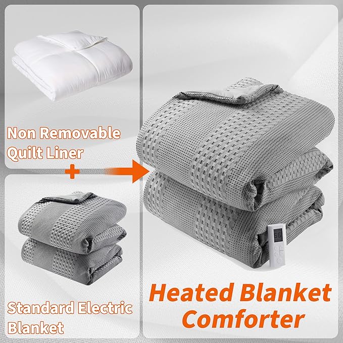 GarveeHome Queen Heated Comforter Electric Blanket, 90"*90" Waffle Weave Heating Blanket with Wireless LCD Controller, 6 Heat Levels & 2-10H Time Settings, UL Certified, Grey