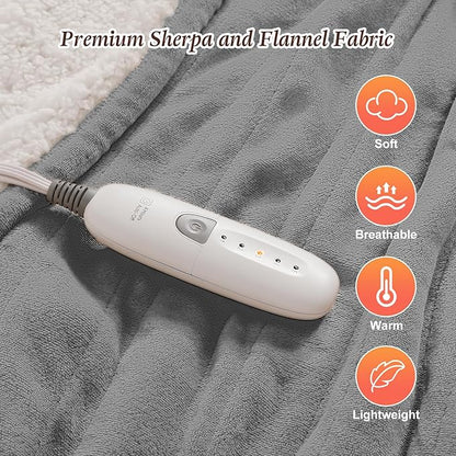 Queen Size Electric Blanket 84''x90'' Heated Blanket - Plush Flannel and Soft Sherpa Fleece Heating Blanket for Couple, 5 Heat Levels & 10 Hours Auto-Off, Great Gift for Grandma (Gray)