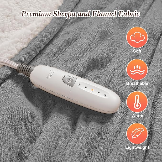 Electric Throw Blanket Heated Throw 50''x60'', Small Heated Throw Blanket for Office with Fast Heating & Overheat Protection, Silky Flannel and Sherpa Fleece Heated Blankets for Grandma Gifts (Gray)