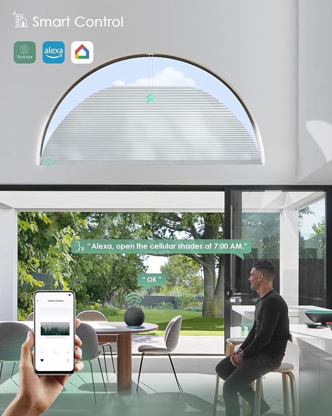 Yoolax Smart Cellular Shades, Motorized Arch Window Honeycomb Blinds Motorized Blinds with Remote Compatible with Alexa, Customized Arched Cellular Shades (Half Shading Pearl)