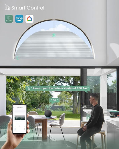 Yoolax Smart Cellular Shades, Motorized Arch Window Honeycomb Blinds Motorized Blinds with Remote Compatible with Alexa, Customized Arched Cellular Shades (Half Shading Pearl)