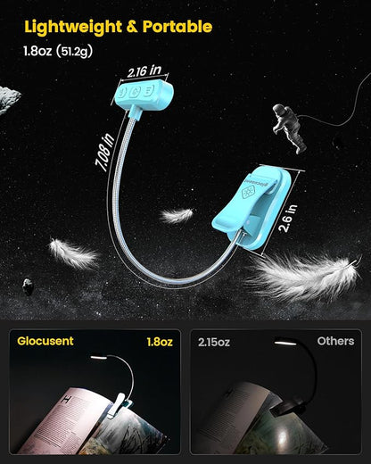 Glocusent Horizontal ET-Head Book Light for Reading in Bed, Eye Caring, CRI 95, 3 Colors & 5 Brightness, Rechargeable Long Lasting Reading Light, 1.8Oz Lightweight & Portable, Perfect for Book Lovers