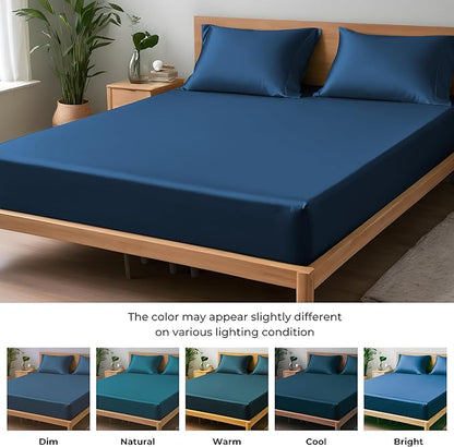 LINENWALAS Fitted Sheet Only Viscose Derived from Bamboo, Bottom Sheet for Queen Size Bed – 16” Deep Pocket, All Around Snug Fit – Cooling, Breathable, Soft, Hypoallergenic (Navy Blue, Queen)
