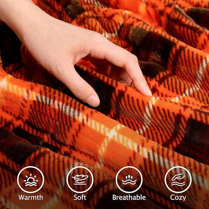Electric Heated Blanket 50"x60",Fast Heated Throw with 8 Hours Auto Off/8 Heats Levels,Soft Orange Plaid Sherpa Electric Blanket with ETL Certification & Over-Heat Protection