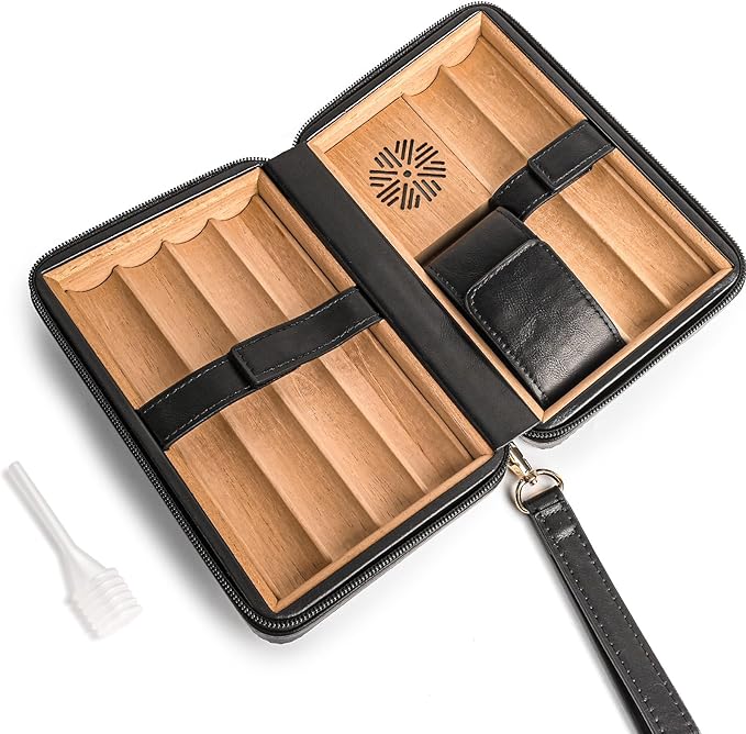 Portable Cigar Humidor Travel Case, Leather & Wood Cigar Box with Humidifier for 6 Cigars, Ideal for Travel and Desktop Storage, Compact and Durable Design (black)