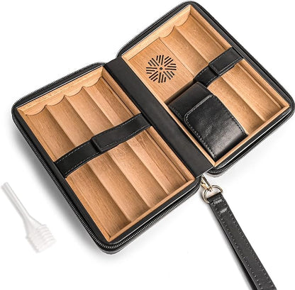Portable Cigar Humidor Travel Case, Leather & Wood Cigar Box with Humidifier for 6 Cigars, Ideal for Travel and Desktop Storage, Compact and Durable Design (black)