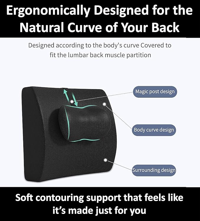 GESQUARE 3-Piece Memory Foam Seat Cushion & Lumbar Support Pillows Set – Adjustable Back Support for Office, Car & Gaming Chairs – Tailbone & Coccyx Comfort for Long Sitting.