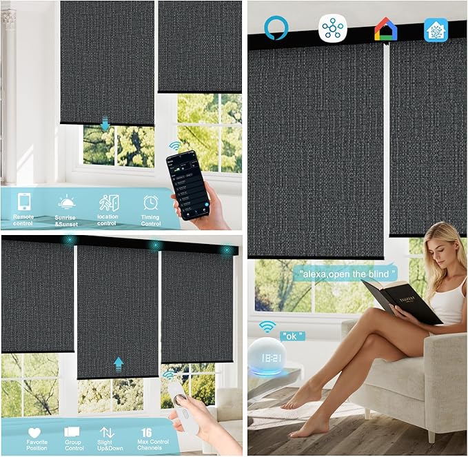 Motorized Blinds with Remote, Smart Blind Roller Shades Compatible with Alexa, Durable Rechargeable Battery Solar Power Electric Window Blinds Customized Size (3-Layer Dark Grey)