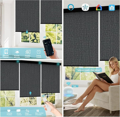 Motorized Blinds with Remote, Smart Blind Roller Shades Compatible with Alexa, Durable Rechargeable Battery Solar Power Electric Window Blinds Customized Size (3-Layer Dark Grey)