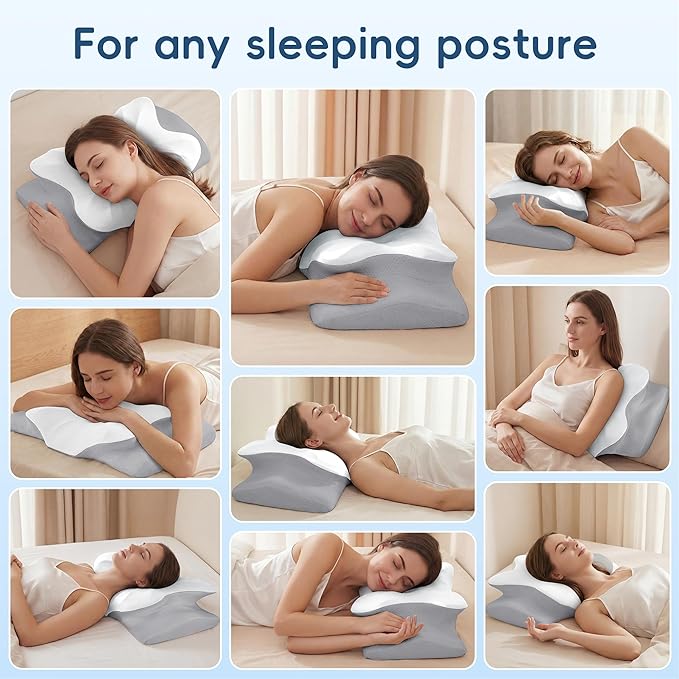 Cervical Pillow for Neck and Shoulder Support, Ergonomic Contour Pillow for Pain Relief, 2 Heights Cooling Memory Foam Orthopedic Pillow for Side Back Stomach Sleepers White Grey