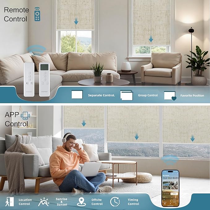 Motorized Roller Shades,70% Blackout Motorized Light Filtering Shades Compatible with Homekit Alexa Google,Smart Blind with Remote,Electric Shades for Home Office,Linen Sand