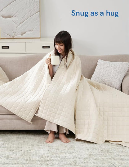 YnM Cooling Weighted Blanket for Adults, 15lbs Heavy Bed Throw for One Person of 140lbs, Perfect for Hot Sleepers or Warm Climates with Rayon/Glass Beads(60x80 Inches, Queen Bed, Champagne Beige)