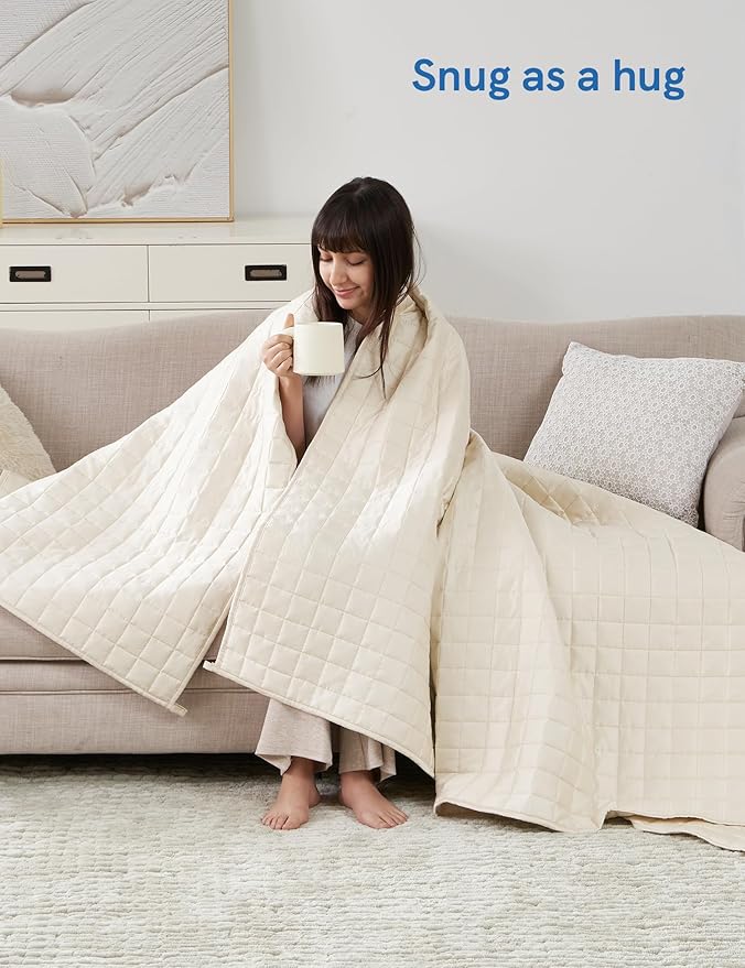 YnM Cooling Weighted Blanket for Adults, 12lbs Heavy Bed Throw for One Person of 110lbs, Perfect for Hot Sleepers or Warm Climates with Rayon/Glass Beads(48x72 Inches,Twin/Full Bed, Champagne Beige)