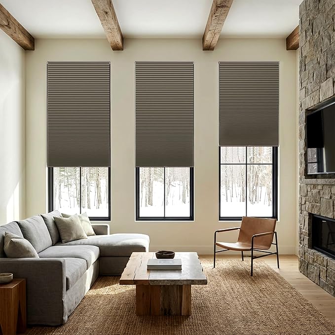 LazBlinds Cordless Cellular Shades, No Tools No Drill Blackout Honeycomb Shades Pleated Blinds for Windows, 44" W x 64" H, Dark Coffee