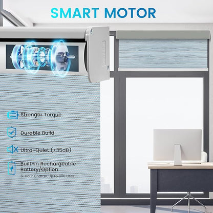 Motorized 100% Blackout Roller Shades – Custom Smart Blinds with Remote Control, Rechargeable Battery or Plug-in Motor, Tuya WiFi Optional, Home & Office Automatic Window Shades (Ash Blue/CH94210)