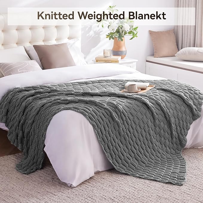 Knitted Weighted Blanket for Adult, No Beads Heavy Blanket 60” x 80'' 12lbs, Breathable Chunky Knit Blanket, Cooling Weighted Blanket for Hot Sleepers, Christmas Home Decor (Light Grey)