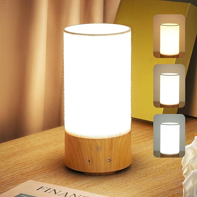 Light Therapy Lamp, Happy Lamp 10,000 LUX UV Free with 3 Color Temperature & 5 Brightness Level, Full Spectrum Light Wood Base Round Flaxen Fabric Shade for Living Room, Desk, Office