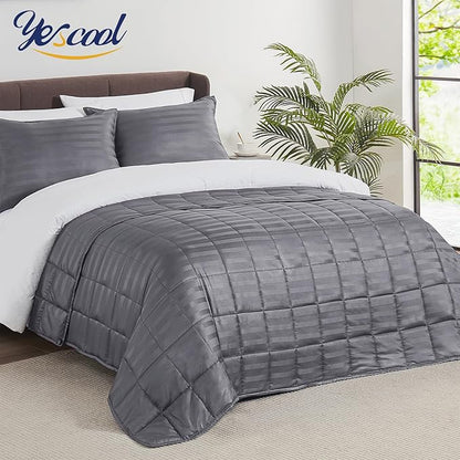 yescool Weighted Blanket for Adults (15 lbs, 48" x 72", Satin Grey Stripes) Heavy Blanket for Sleeping Perfect for 160-180 lbs, Twin Size Breathable Blanket with Premium Glass Bead, Machine Washable