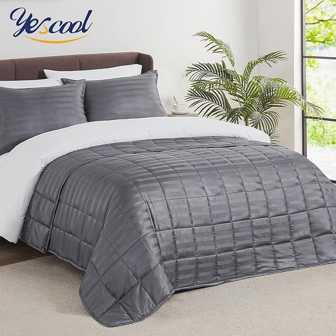 yescool Weighted Blanket for Adults (20 lbs, 60" x 80", Satin Grey Stripes) Heavy Blanket for Sleeping Perfect for 190-210 lbs, Queen Size Breathable Blanket with Premium Glass Bead, Machine Washable