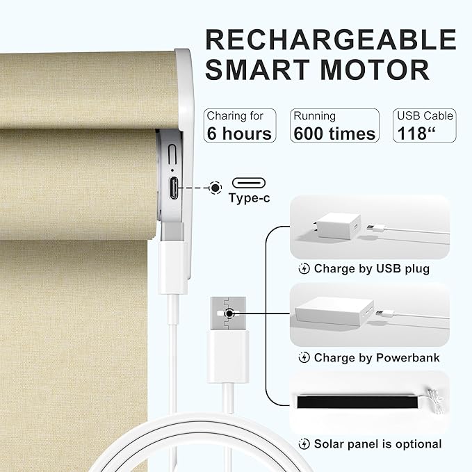 Motorized Blinds with Remote,Light Filtering Smart Roller Shades with App,Voice Control,Thermal Insulated Automatic Blinds,Electric Shades with USB/Solar Pannel.Filter Linen Beige