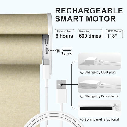 Motorized Blinds with Remote,Light Filtering Smart Roller Shades with App,Voice Control,Thermal Insulated Automatic Blinds,Electric Shades with USB/Solar Pannel.Filter Linen Beige