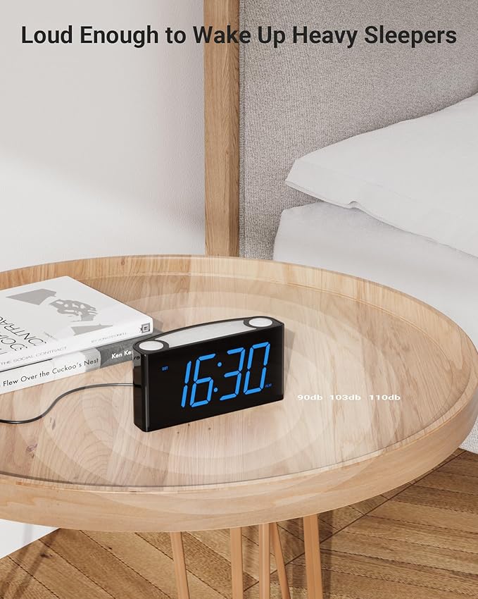 Rocam Digital Alarm Clock for Bedrooms - Large 7.5'' LED Display with Dimmer, Snooze, 7 Color Night Light, Easy to Set, USB Chargers, Battery Backup, 12/24 Hour for Kids,Heavy Sleepers(Blue)