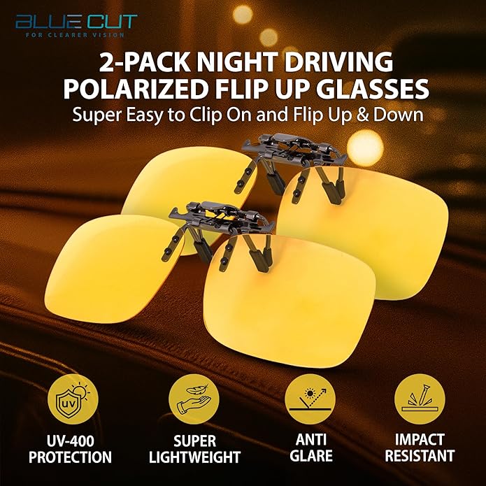 BLUE CUT Clip on Polarized Night vision Glasses Flip up Sunglasses UV-400 to Wear Over prescription Glasses for night driving