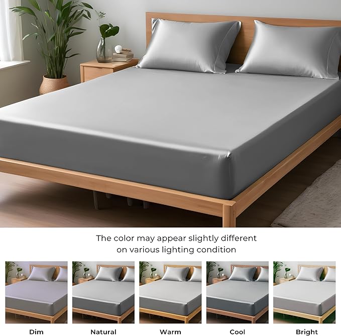 LINENWALAS Fitted Sheet Only Viscose Derived from Bamboo, Bottom Sheet for Full Size Bed – 16” Deep Pocket, All Around Snug Fit – Cooling, Breathable, Soft, Hypoallergenic (Light Grey, Full)