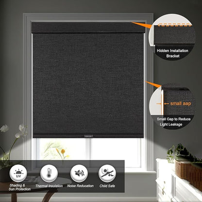 Persilux Custom Size Free-Stop Cordless Blinds for Indoor Windows with Cover, Window Shades Blackout Roller Blinds, Thermal Insulated Fabric UV Protection for Kitchen, Office, Living Room, Black