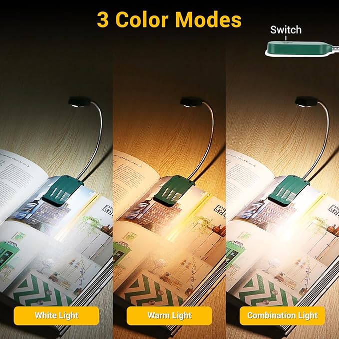 Book Light 2 Pack, Rechargeable Reading Lights for Books in Bed-Eye Caring 3 Colors, Stepless Dimming, 360° Flexible Studying Small Desk Lamp, Lightweight Clip-on LED Night Light for Book Lovers, Kids